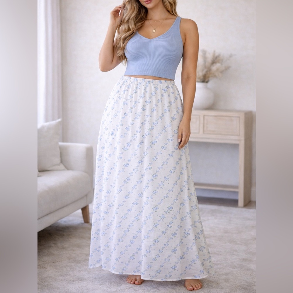 Arula Cottagecore Floral Maxi Skirt 1X Blue White Lined Flowy Prairie whimsical - Picture 3 of 6